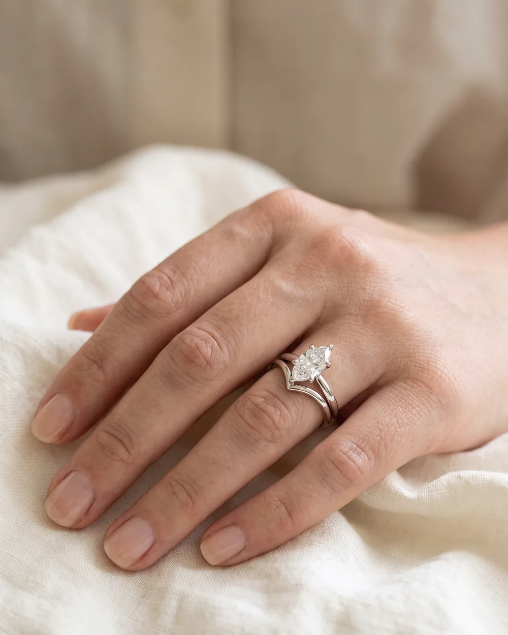 The Marquise Pair on a hand, 2 ct lab-grown diamond