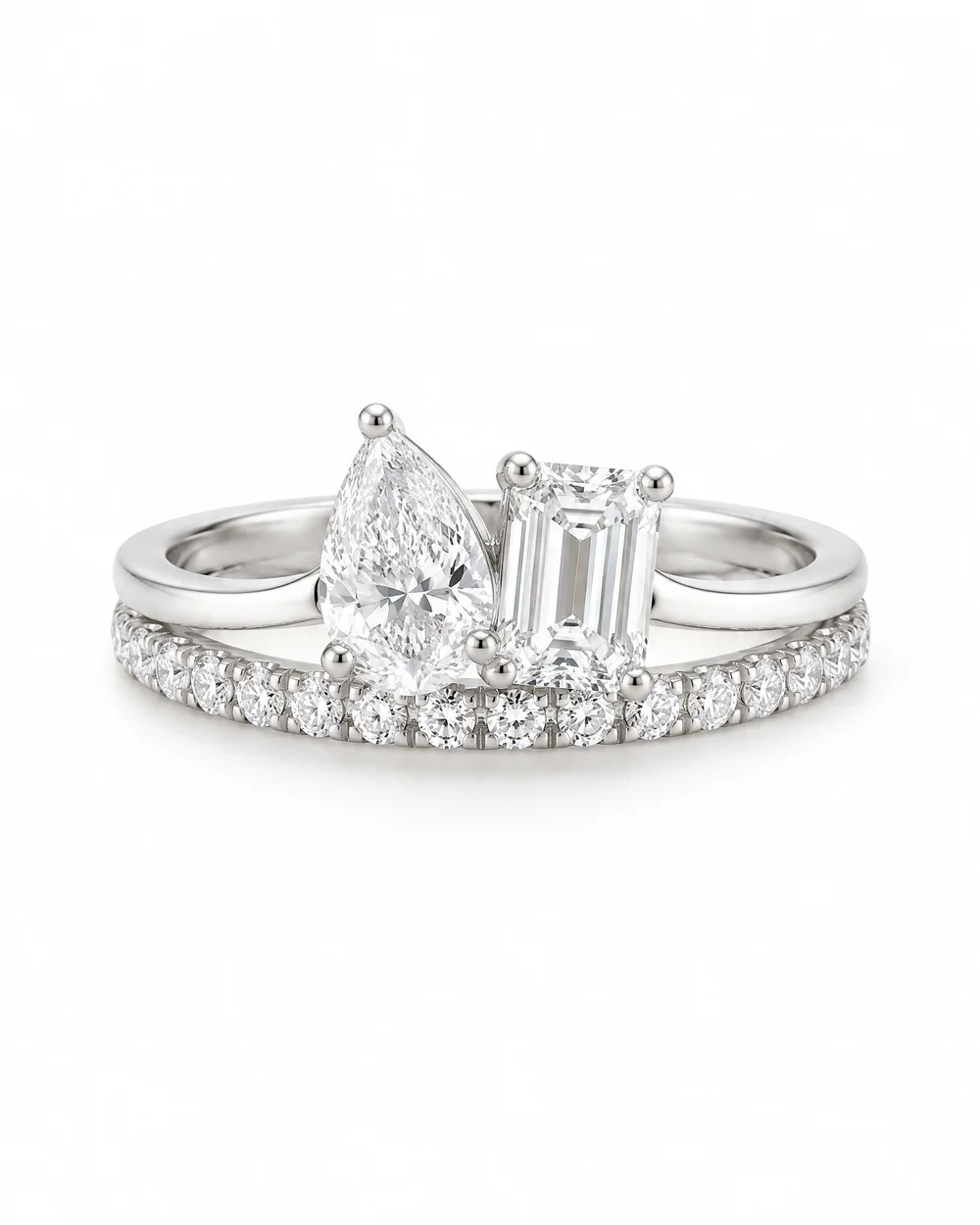 The Toi et Moi Pair, pear and emerald, on white